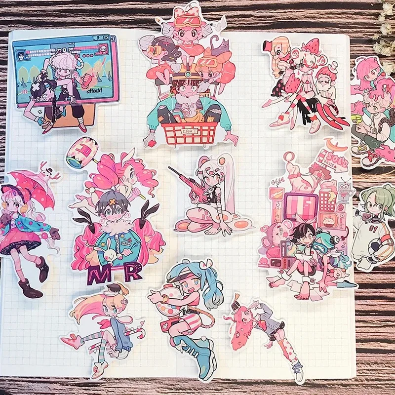 Stickers 12pcs Cartoon Secondary Girl Team Hand Account Material Hand Account Decoration Waterproof Suitcase Hand Report