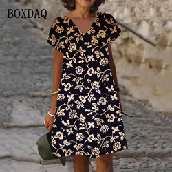 2023 Women V-Neck Loose Summer Vintage Short Sleeve Dress Summer Floral Print Boho Casual Party Elegant Dress Oversized Vestidos