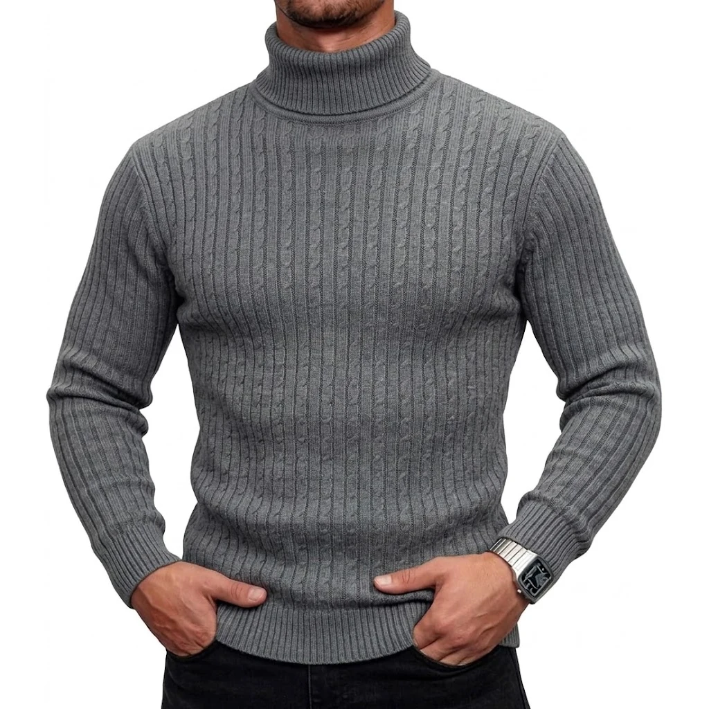 Neuer Herren-Rollkragenpullover, lässiger Zopfstrickpullover, hoher Kragen, lange Ärmel, warme Winterpullover für Männer, schmal geschnittene Oberteile. – Detail 8