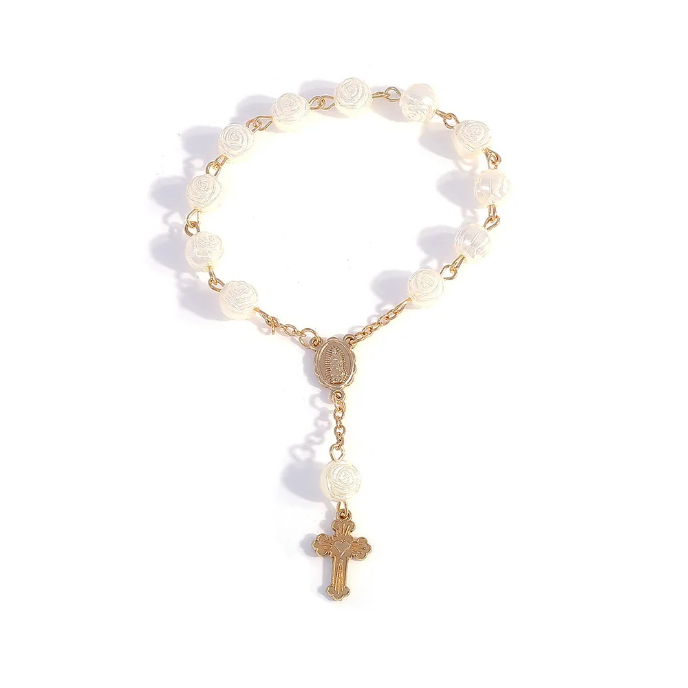 Religious Virgin Mary Baptism Rose Pearl Bracelet  Men  Women Catholic Rosary Cross Jewelry Dropshipping