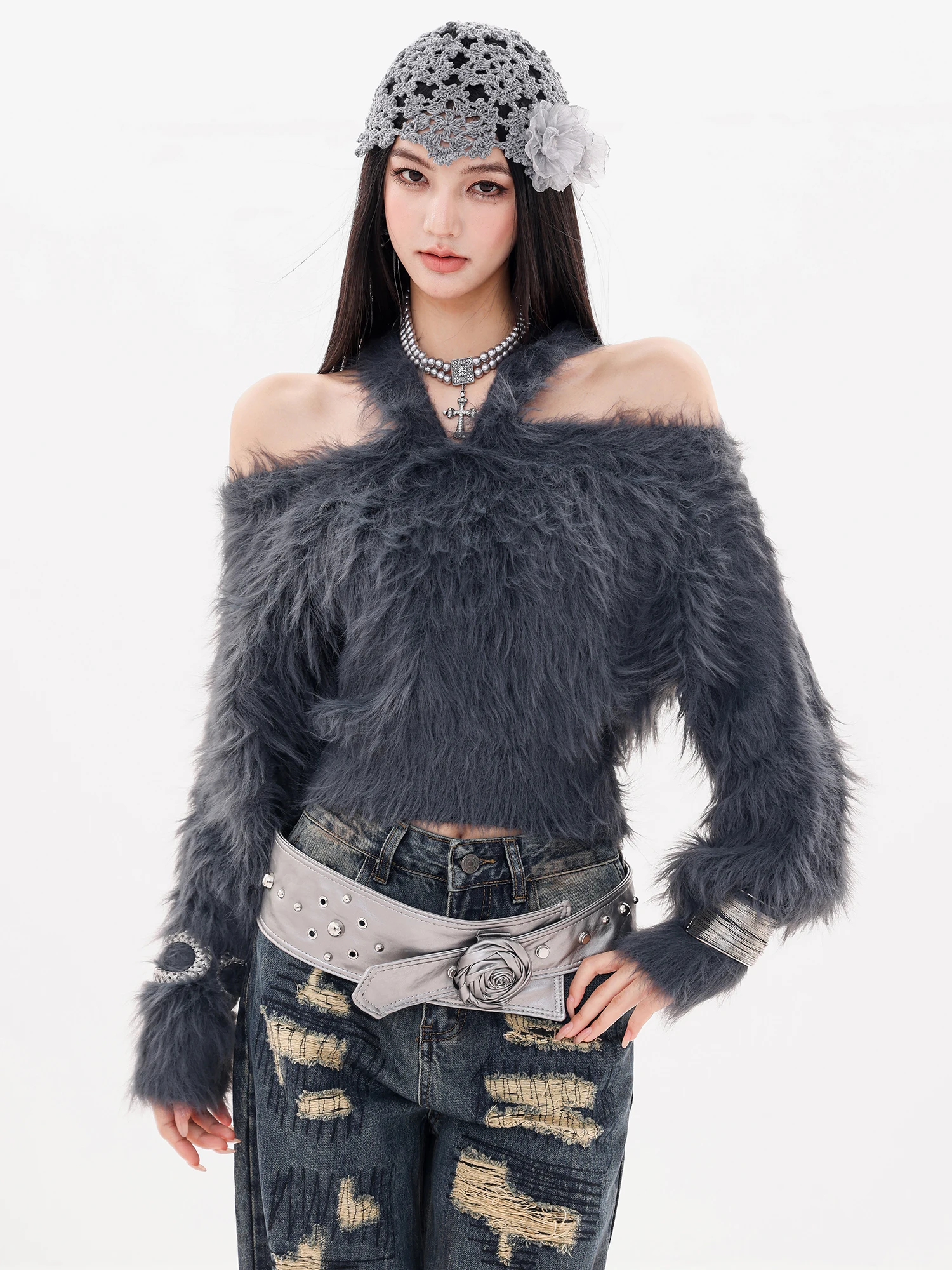 

Оригинальный женский пушистый трикотаж ABWLR Neon Par Slim Fit Long Sve Cross Design V-Ne ort Sle Casual Faion Top