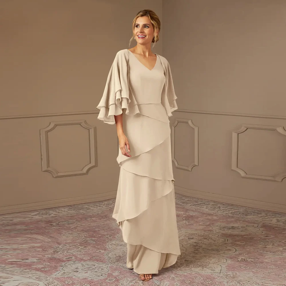 

Cream Three Quarter Mother of Bride Dresses for Women Sheath Chiffon 2024 Prom Gowns Floor Length Robe De Soirée New Zipper