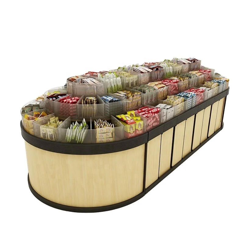 Low-cost wooden supermarket display stands for bulk snacks, sweets, and dried fruits