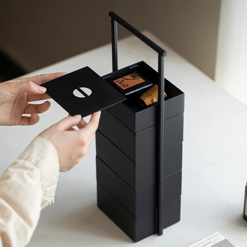 

Grass and wood temple iron brass small carrying box food box multi-layer tea box tea set storage outdoor tea portable