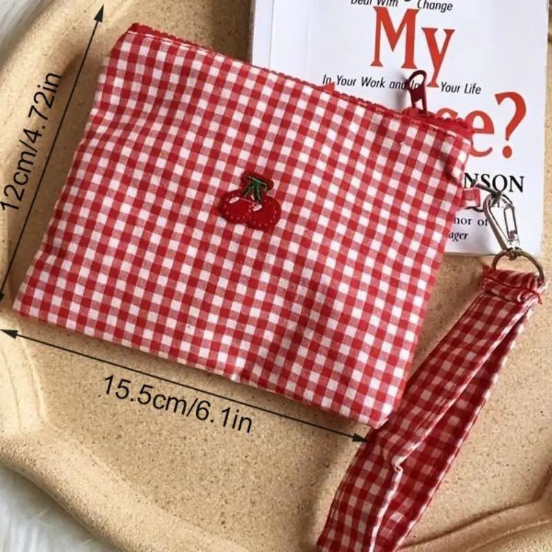 @*Portable Canvas Cosmetic Bag Red Cherry Red Plaid Pattern Makeup Pouch Multi-use Lipstick Storage for Travel Daily Use