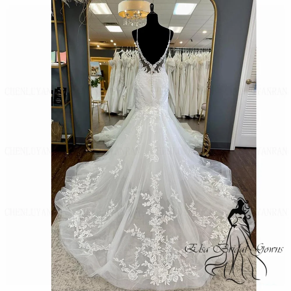 Abiti da sposa avorio a sirena 2025 Abito da sposa lungo sexy senza schienale con scollo a V da donna Applique Sweep Train Abiti per occasioni personalizzate