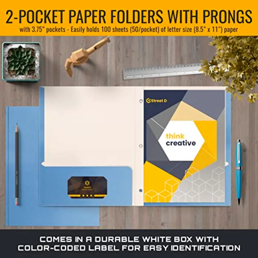 Lichtblauwe papieren mappen met tanden voor kantoorgebruik Matte textuur Letter-formaat 50-pack met 3 metalen tandbevestigingsclips Ideaal f