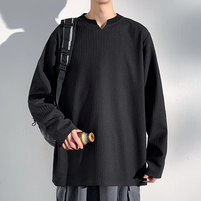 Loose Fit Spring Top Tees Casual Streetwear Pullover for Autumn Men's White Ribbed Knit Henley Shirt Long Sleeve V-Neck Split