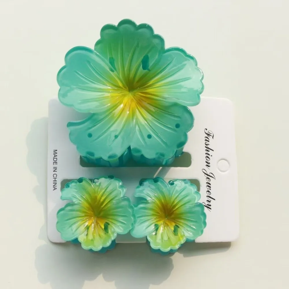 3-teiliges Set Farbverlauf-Haarklammern Hibiskus Acryl Hawaiianische Blumen-Haarspange Süße Blumen-Pferdeschwanzklammer Sommer-Haaraccessoires – Detail 6
