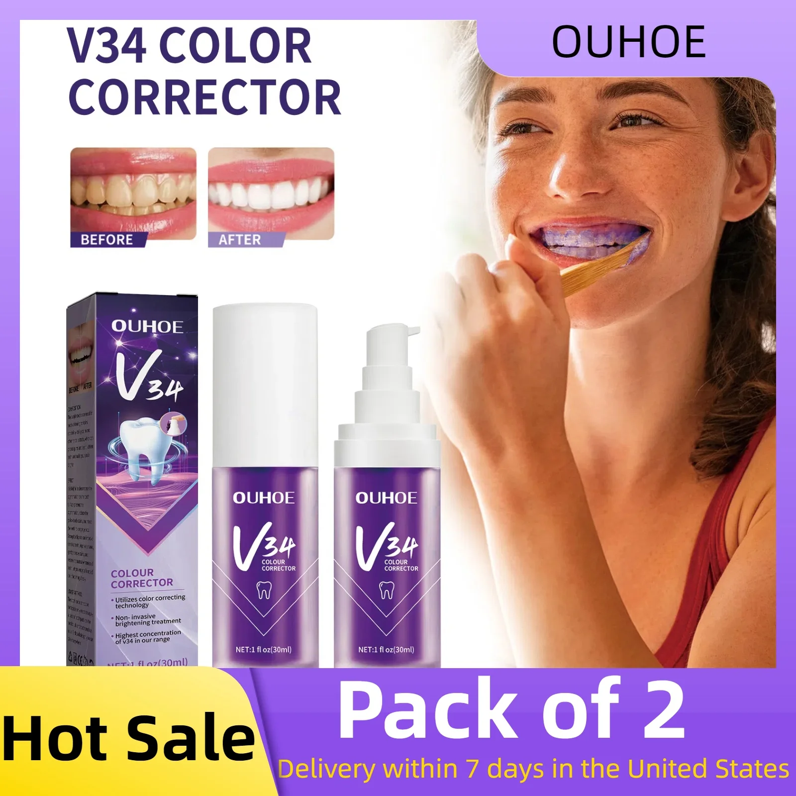 2pcs V34 Purple Toothpaste Removes Tartar, Cleans Oral Hygiene, Freshens Breath, Brightens Teeth Care Products