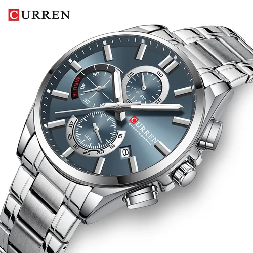 Relojes CURREN con cronógrafo de acero inoxidable para hombre con manecillas luminosas, subesferas triples, reloj de pulsera de cuarzo con diseño de moda y fecha automática