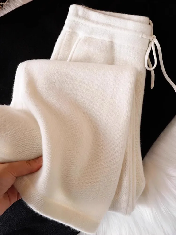 Pantalon blanc paresseux et décontracté pour femme, nouvelle collection automne et hiver, jambes larges, taille haute, droit, tricoté, décontracté