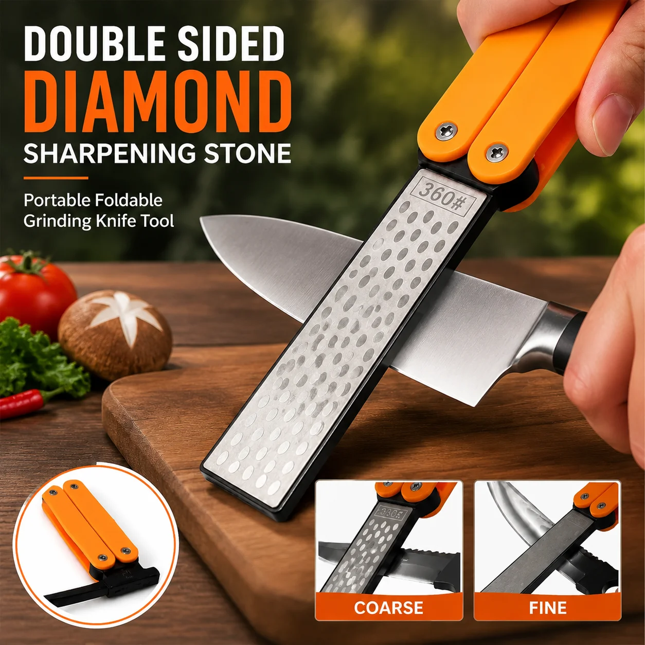 Pierre à aiguiser diamantée double face, outil de ponçage portable et pliable pour la cuisine, la maison et l'extérieur.