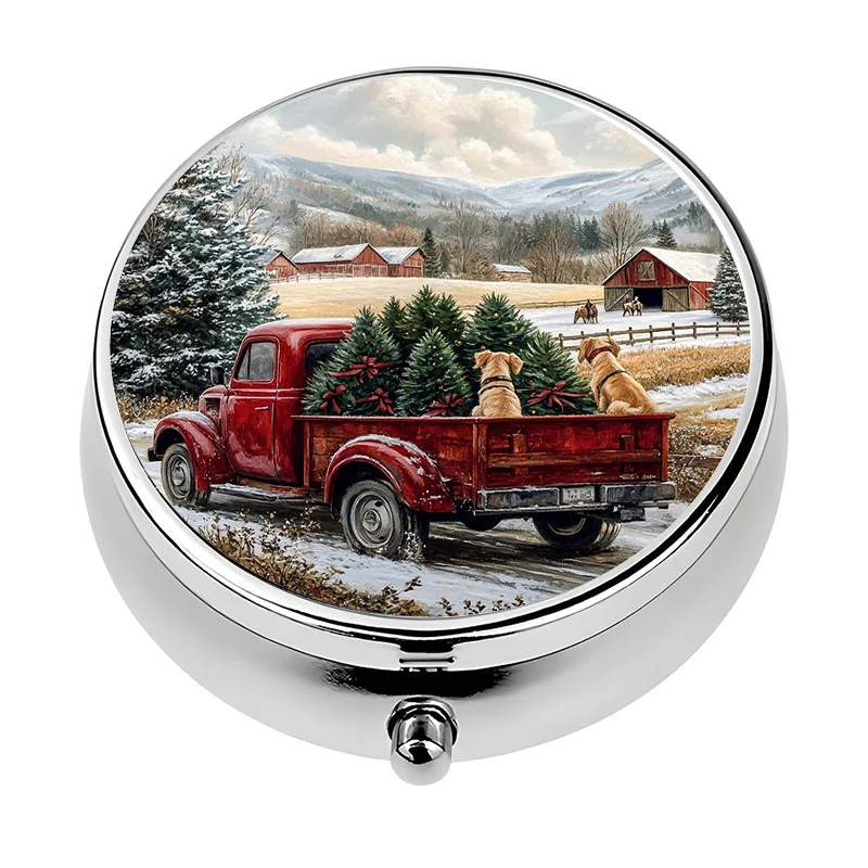 Single-layer wallet-style pill box, divided into three compartments, features a holiday-themed design, including winter scenery, farmhouse scenes, dogs, and red trucks. Perfect for travel and vitamin storage, this compact pill box is a unique gift