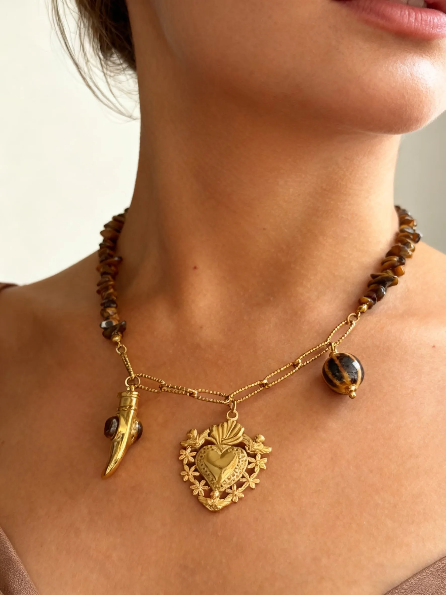 Peri'sbox Bohemian Gold Plated Stainless Steel Ceramic Pendant For Women Natural Stone Handmade Necklace Unique Art Jewelry Gift