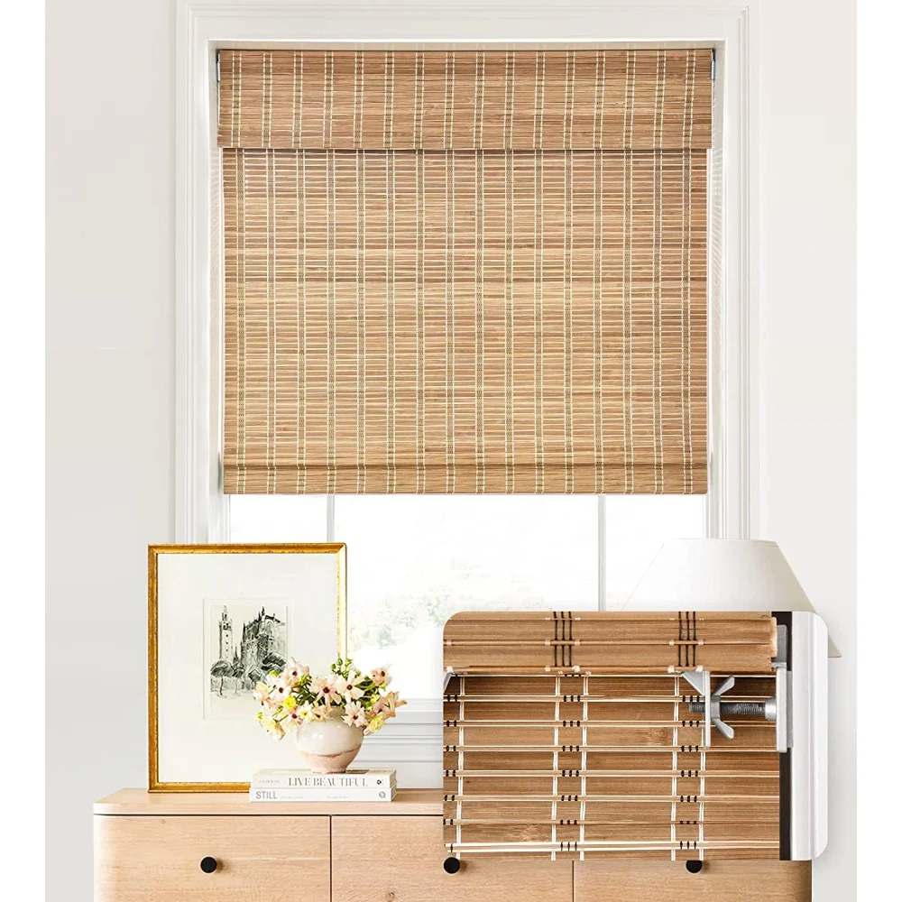 

No Tools No Drill Cordless Bamboo Roman Shades, Light Filtering Window Treatment, Roll Up Bamboo Blinds, Shades & Shutters