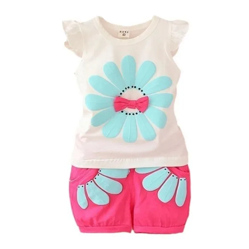 

Summer Children Casual Clothes Suit Baby Girls Cute Cartoon Flowers Vest Shorts 2Pcs/Set Toddler Cotton Clothing Kids Tracksuits