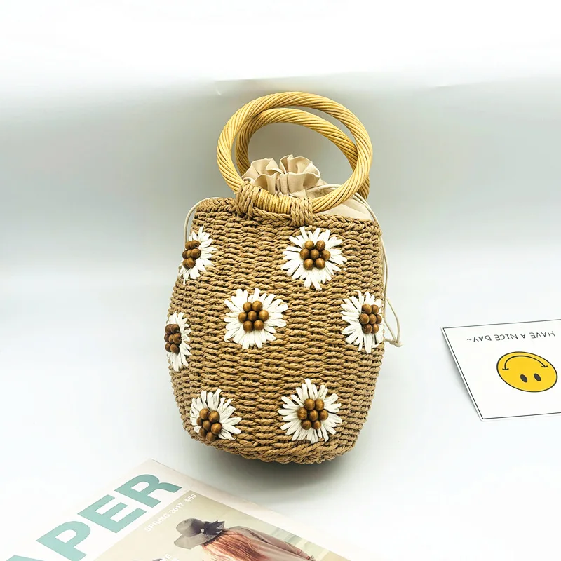 

Summer Wooden Beads Flower Handbag Woven Straw Bags for Women Daisy Rattan Handle Bucket Bag Barrel-shaped Travel Beach Bag NEW