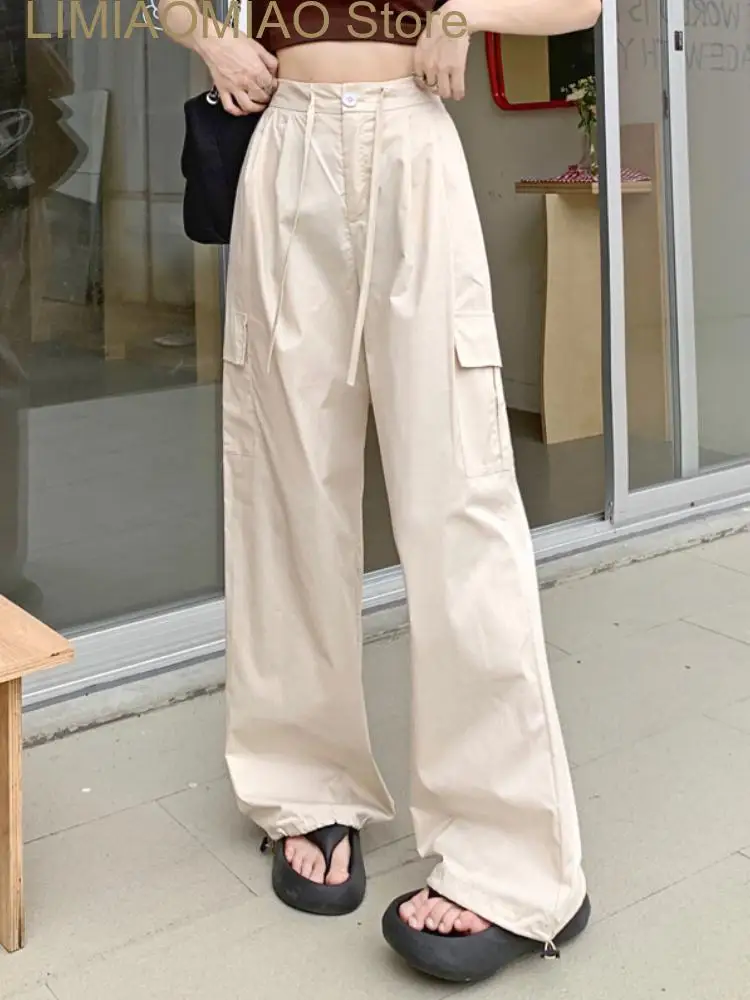 

New Pink Hip Hop Cargo Pants Women Pockets Strappy Casual Fashion Pants Female High Waist Korean Designer Pants