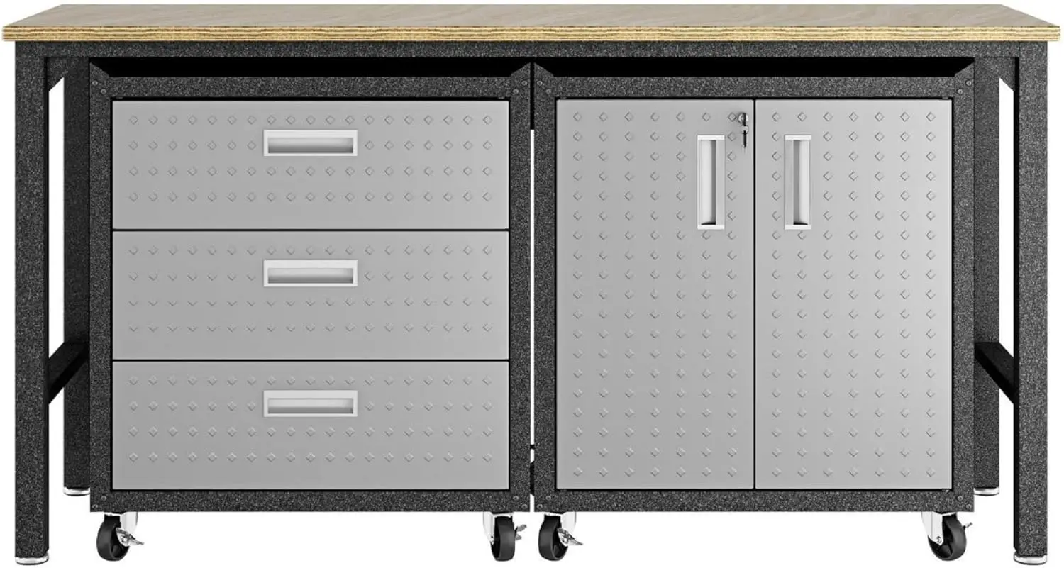 Manhattan Comfort Fortress 3-Piece Textured Garage Storage Set, includes Mobile Metal Cabinet Chests and Worktable, Space-Saving