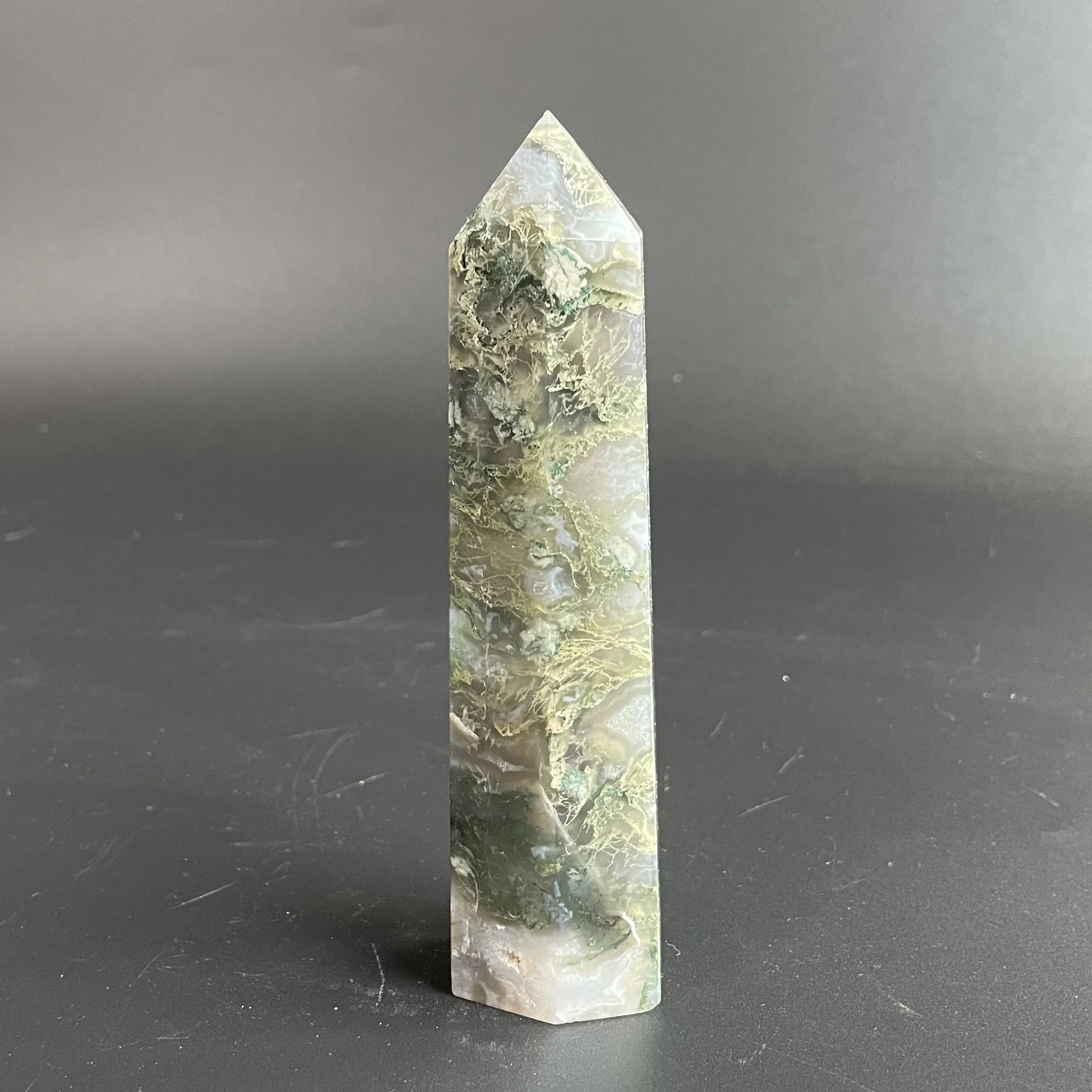 213g Natural Crystal Moss Agate Single Point Tower Polished Aquatic Agate Wand Reiki Healing Exquisite Room Decor Z766
