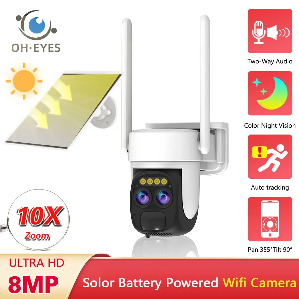 

4K Dual Lens Solar Wifi PTZ IP Security Camera 10X Zoom Outdoor Color Night Viison Wireless CCTV Video Surveillance Camera 8MP