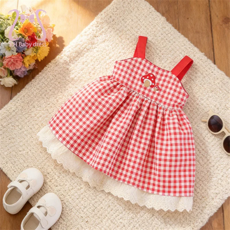 Red Plaid Baby Girl Dress Sleeveless Summer Children Clothes Newborn Kid Cute Mushroom Embroidery Clothing 0-4 Y Toddler Costume