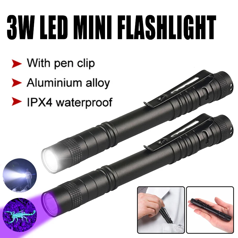 Mini Pen Clip Flashlight Waterproof Outdoor Small Flashlight Portable Aluminum Alloy UV Purple Light Banknote Detector Light