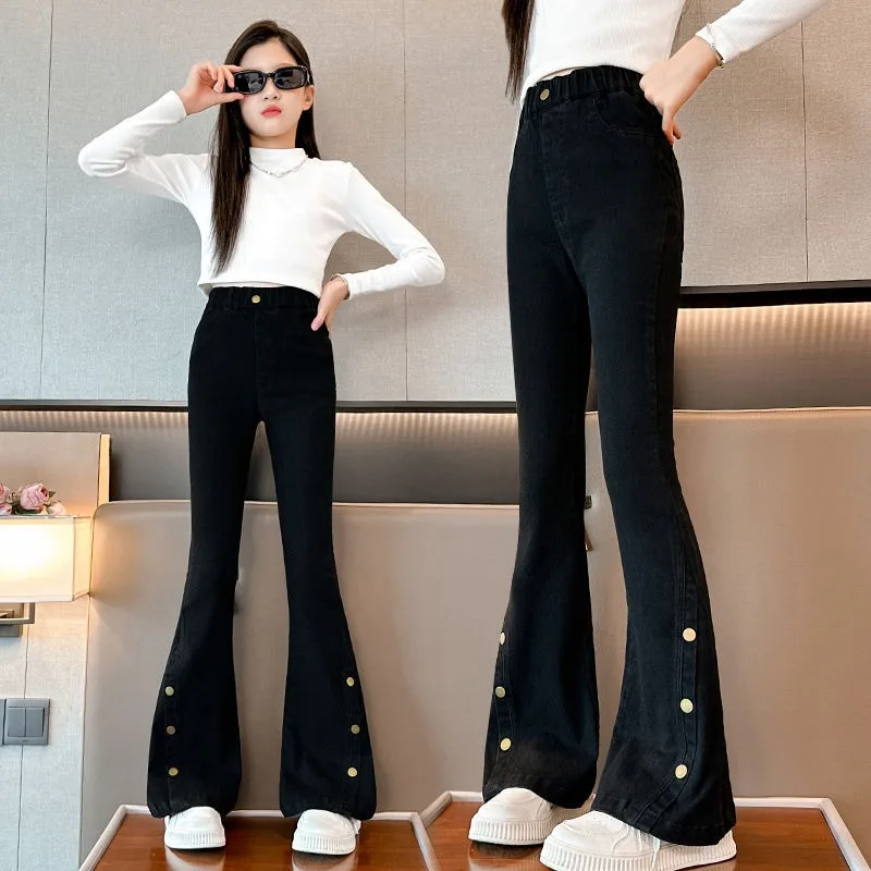 Autumn UNITIM Teens Girls Denim Flared Pants 4-14Yrs Kids Girls Slim Fit Jeans Bow Hem High Waist Young Teenagers Girls Trousers