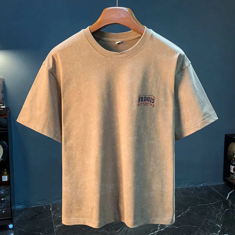 

Casual short sleeved T-shirt men's summer 2025 khaki nostalgic retro printed loose men's top