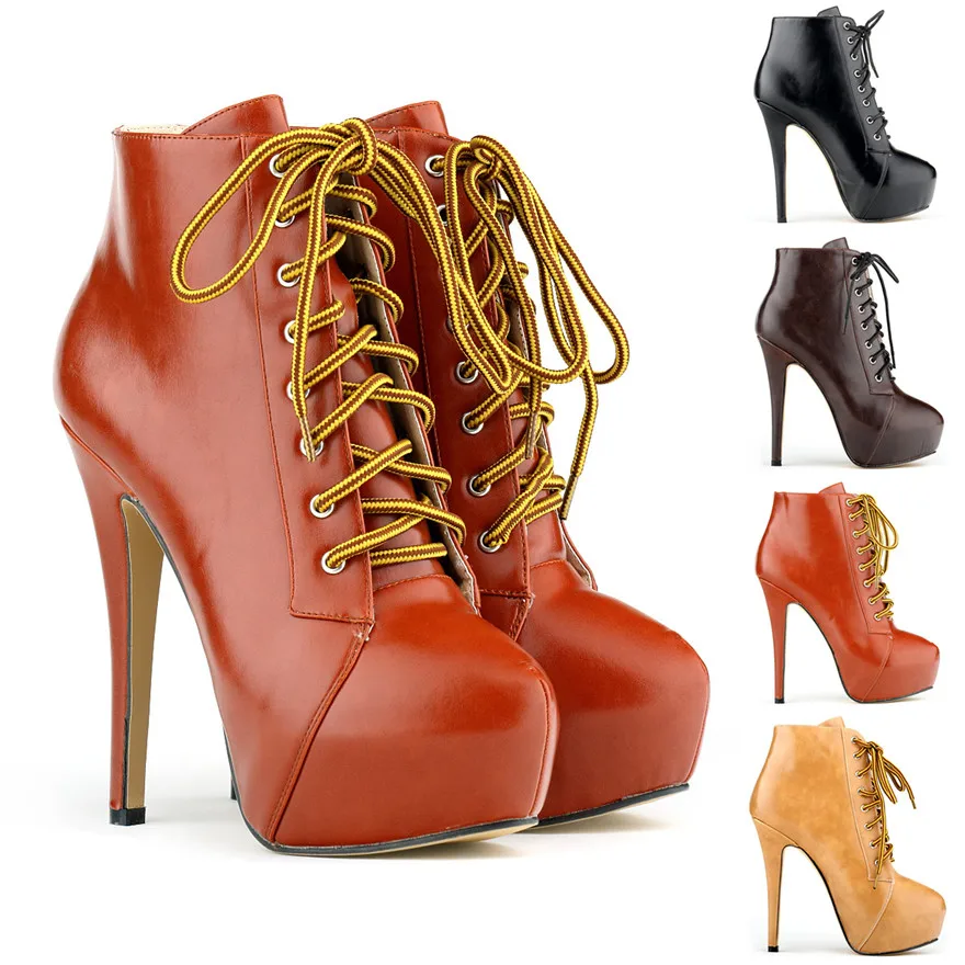 

Oil Skin Ultra-heeled Women's Boots European Fashion Platform Lace Up Short Boots Female Autumn Ankle Motorcycle Boots High Heel