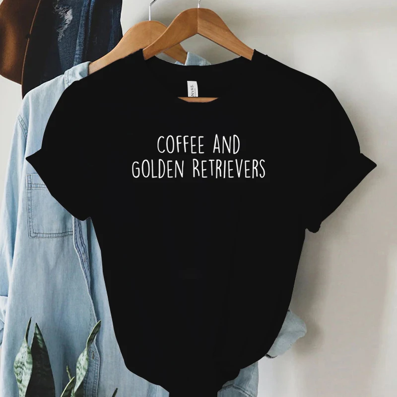 Coffee and Golden Retrievers Shirt Dog Lover Gift T-shirt Female Women\'s Clothing Round Neck Casual Tops Women\'s Clothing Sales