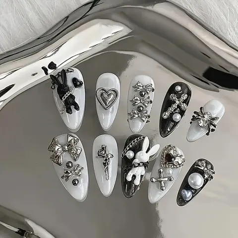 10pcs personalized black and white nail art, rabbit and bow decoration - Gothic minimalist style, suitable for daily wear