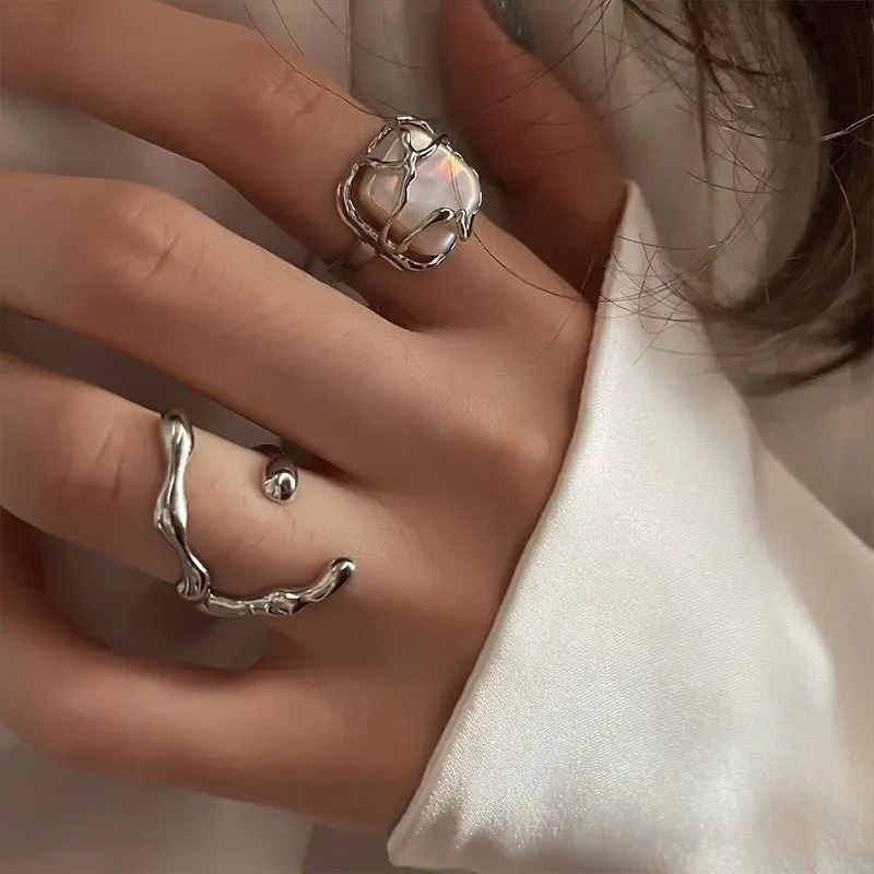 New Fashion Silver Color Open Finger Ring Geometric Black Stone Punk Stackable For Women Girl Jewelry Gift Dropship Wholesale