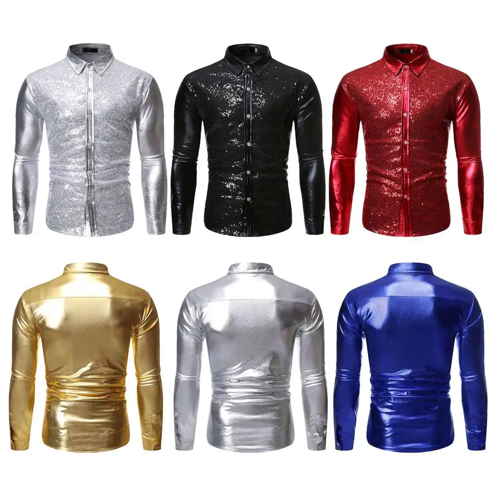 Fashion Stage Shirt Long Sleeve 3D Cutting Men Disco Shiny Gold Sequins Shirt  Soft Dress Shirt Clubwear