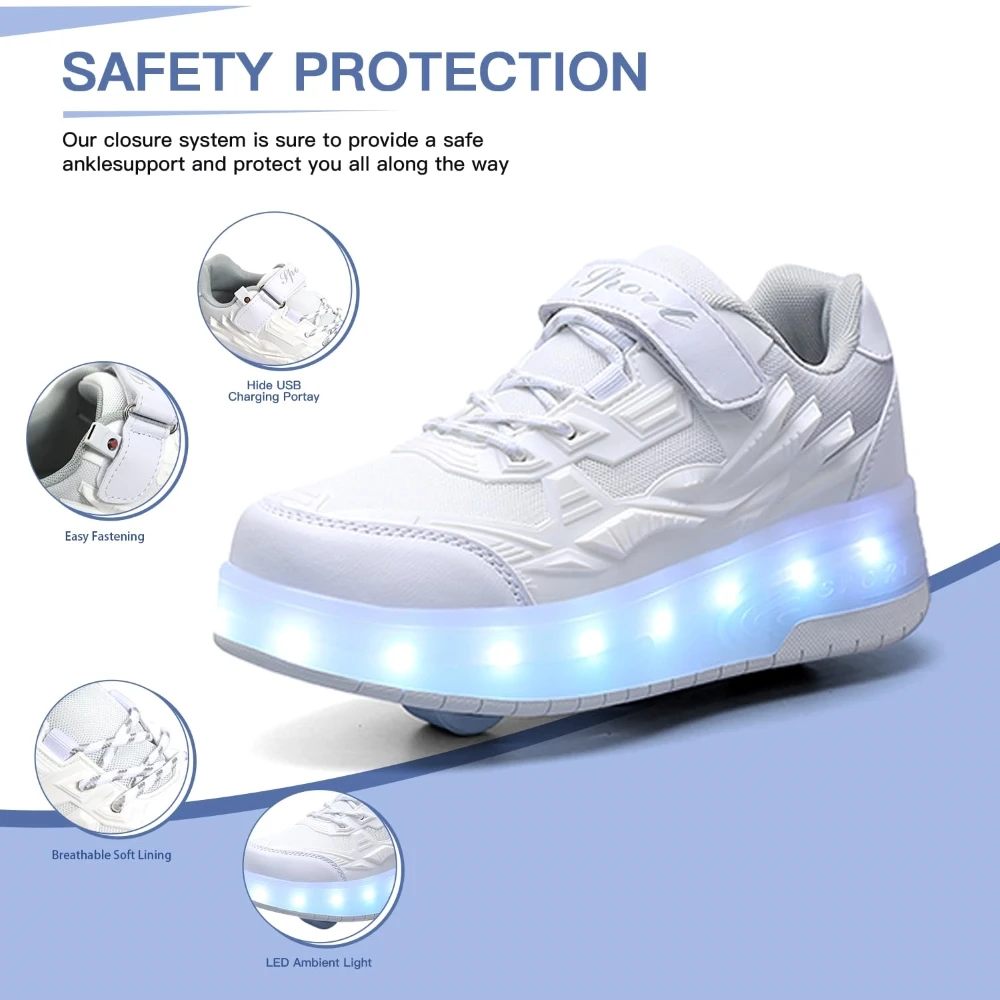 Kid Wheels Shoes Roller Skate Shoes 2 Ruedas Niño Adulto Unisex Deform Sneakers Deporte al aire libre Deformación Parkour Runaway Boy Girl Youth Gift 2 en 1 Calzado Led Rueda extraíble luminosa 29 30 31 32 33 34 35-41