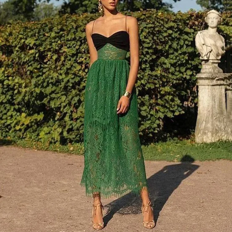 Summer Women's Clothing Dress Sexy Strap Lace Green Hollow Holiday Multi-Layer Dress Long High Waist