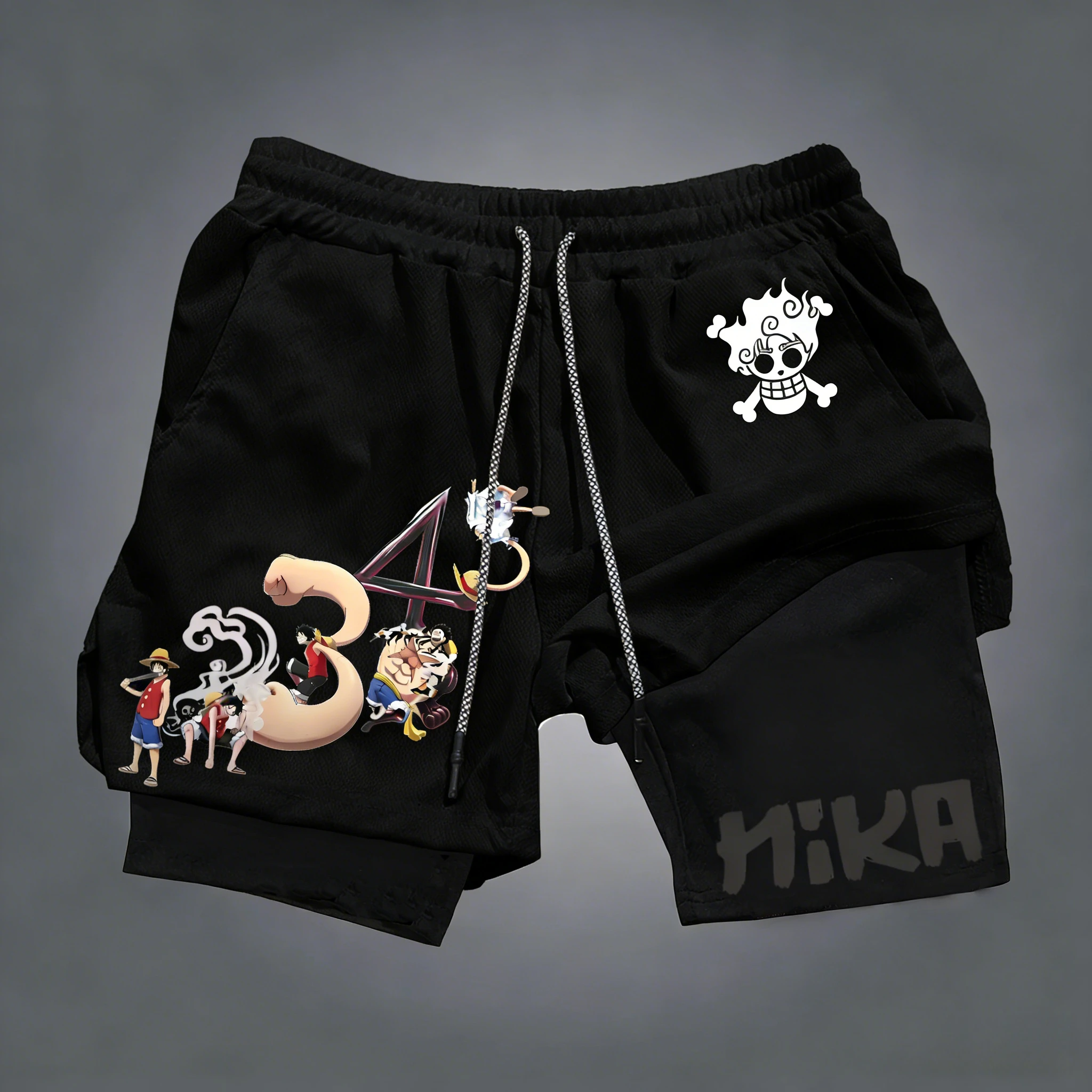 Bandai One Piece Luffy bedruckte doppellagige Shorts, lockere, schweißableitende und atmungsaktive Sportshorts für Herren und Damen im Sommer