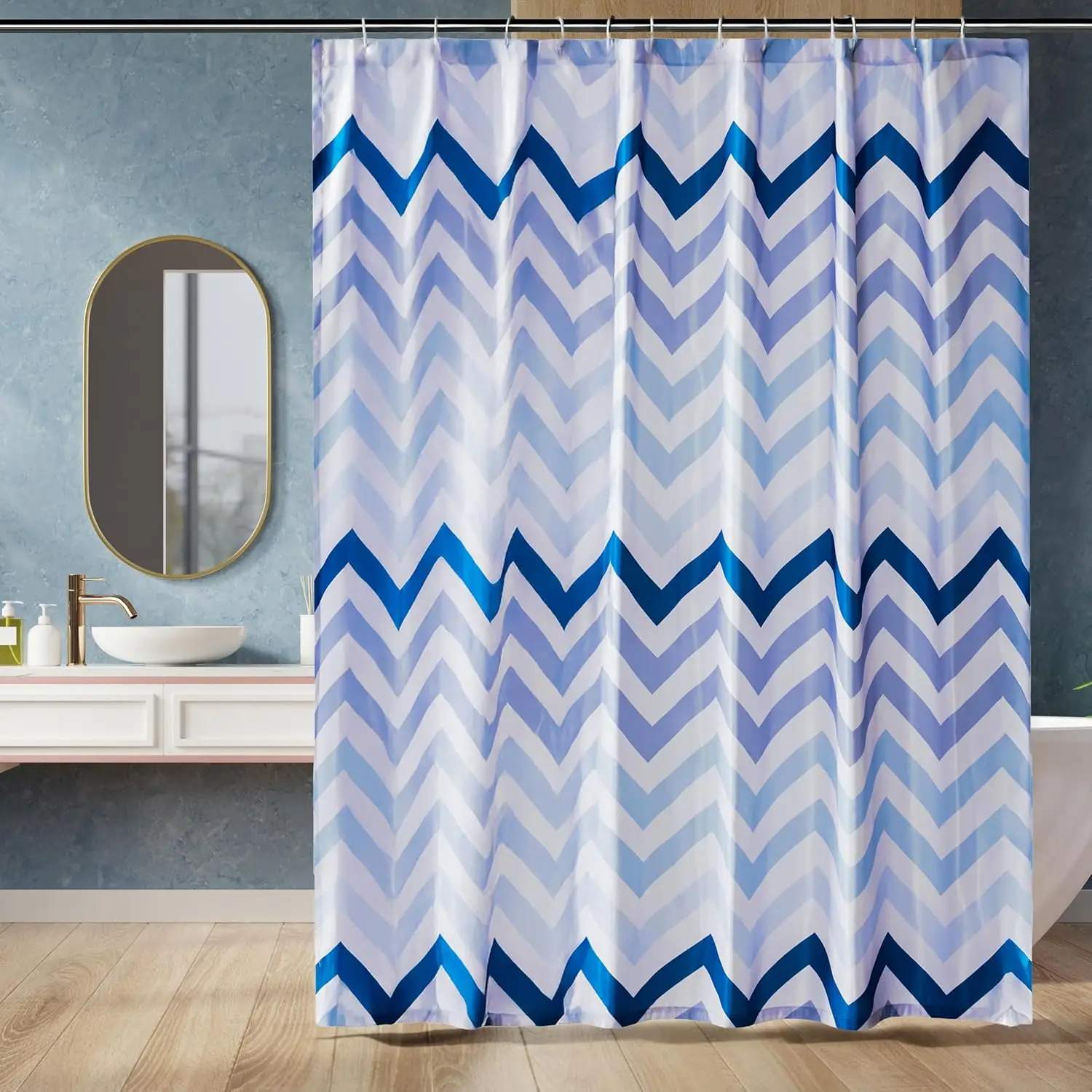 

Blue Ombre Chevron Shower Curtain with Weighted Hem, Water Repellent Fabric for Bathroom, 72x72, Machine Washable, Includes