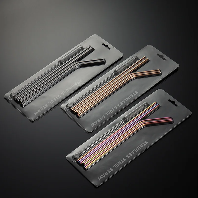 Kitchen Barware Bar Accessories Stainless Steel Coffee Milk Elbow Straight Pipes Drinking Straws Brushes Set 5pc/set