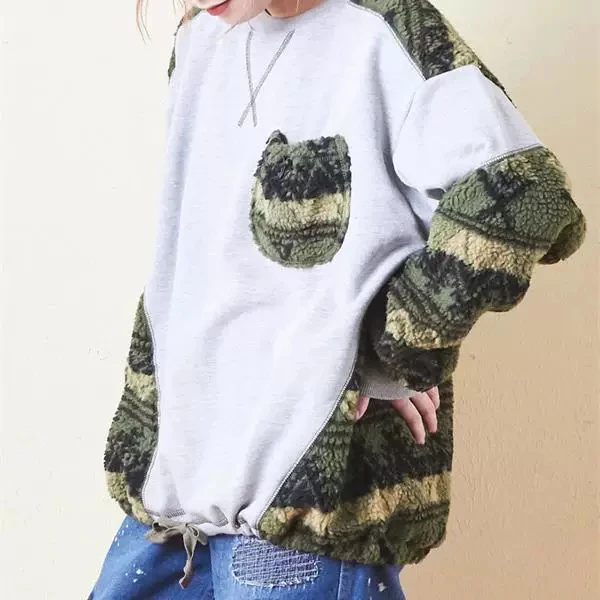 CUBE S Women's Retro Remake Style Fleece Patchwork Hoodie Sugar Cube Pattern Loose Fit Long Sleeve round Neck Sweatshirt