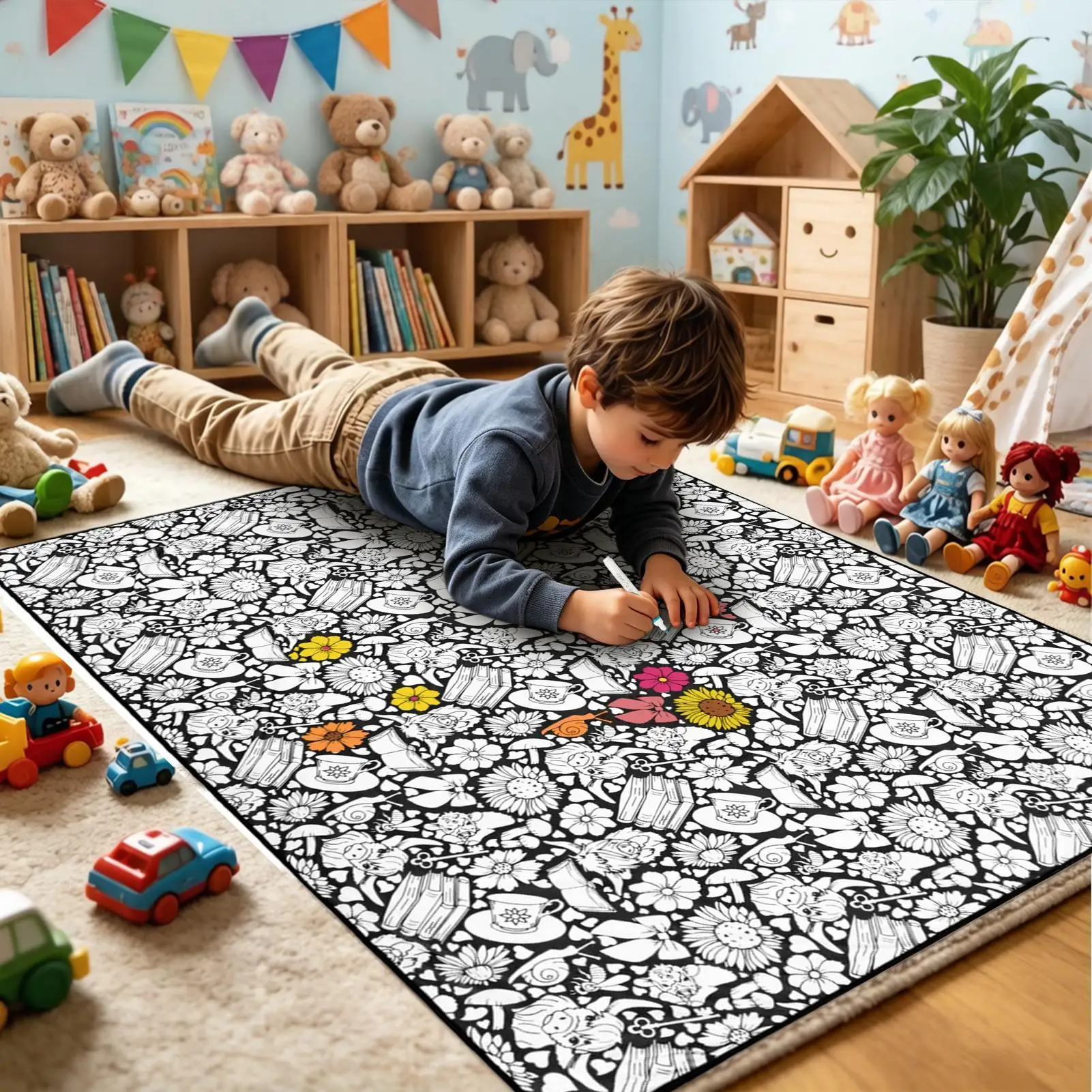 Coloring Blanket 150x115cm Reusable Washable Mat with 24 Markers Colorable Blanket for Adults Kids DIY Crafts Travel home use
