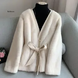 White fur coat women mink fur fashion elegant high quality belt leather Splicing fur overcoat clothing