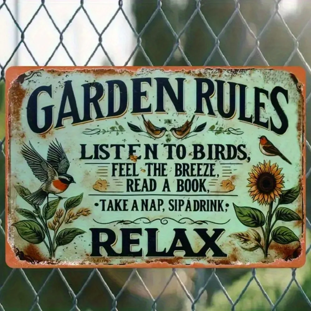 Rustic Aluminum Garden Wall Plaque, Vintage Garden Rules Inspirational Quote, BWall Decor for Home Garden Outdoor Spaces