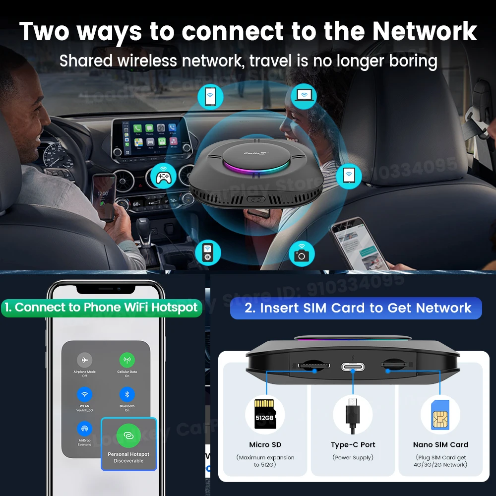 CarinKit Android 13 Carplay Ai Box Ambient 8 Core Wireless Android Auto Adattatore 3 in 1 Streaming Video Supporta Scheda SD da 512 GB