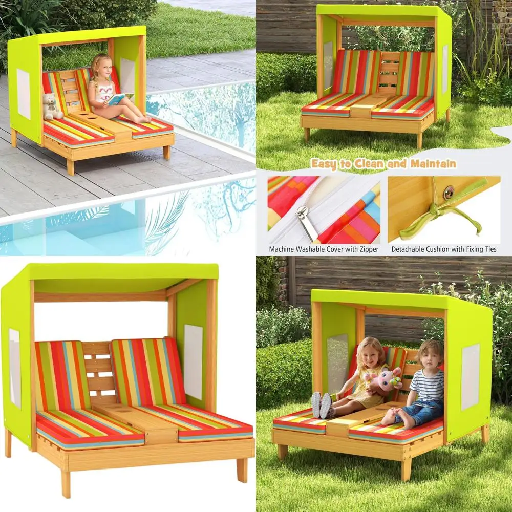 

Светло-зеленые деревянные шезлонги для двоих детей для улицы с подстаканниками и съемными полосатыми подушками