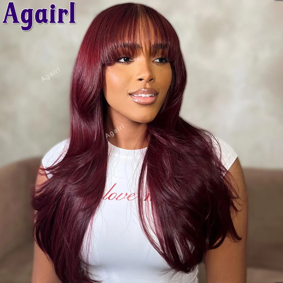 Wig rambut manusia dengan poni, rambut palsu renda depan merah tua 99J ketebalan 13x4 Ready Go transparan dengan poni