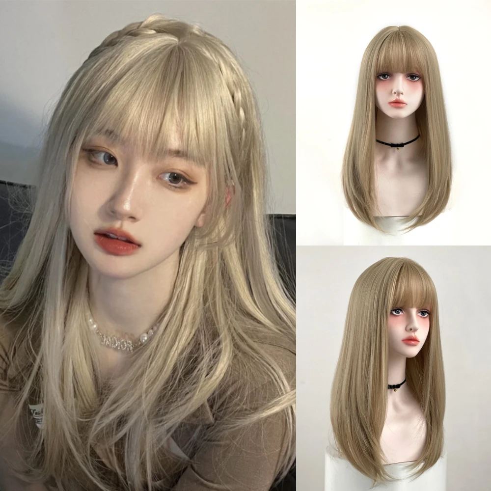 

GAKA Natural Long Straight Platinum Blonde Wig With Bangs Cosplay Party Lolita Synthetic Wig Lady Heatproof Fiber