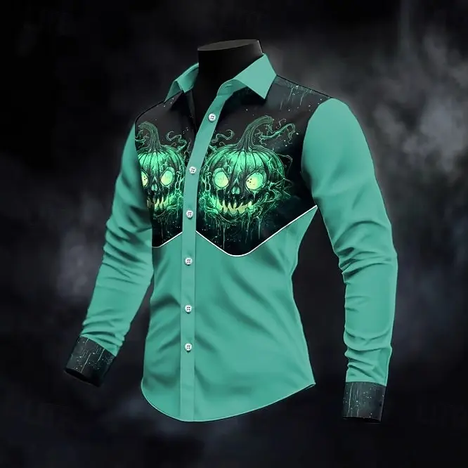 

2025 Halloween Theme Men's Pumpkin Shirt Fashion 3D Printed Shirt Button Up Shirt Casual Long Sleeve Shirt Street Blouse For Men