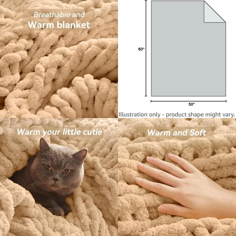 

Large Hand-Crocheted Beige Throw Blanket, 50x60, Plush Chenille Yarn, Machine Washable for Cozy Home Decor